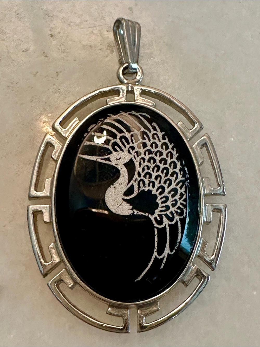 Whiting & Davis Reverse Etched Black Glass Crane Motif Pendant Greek key Border